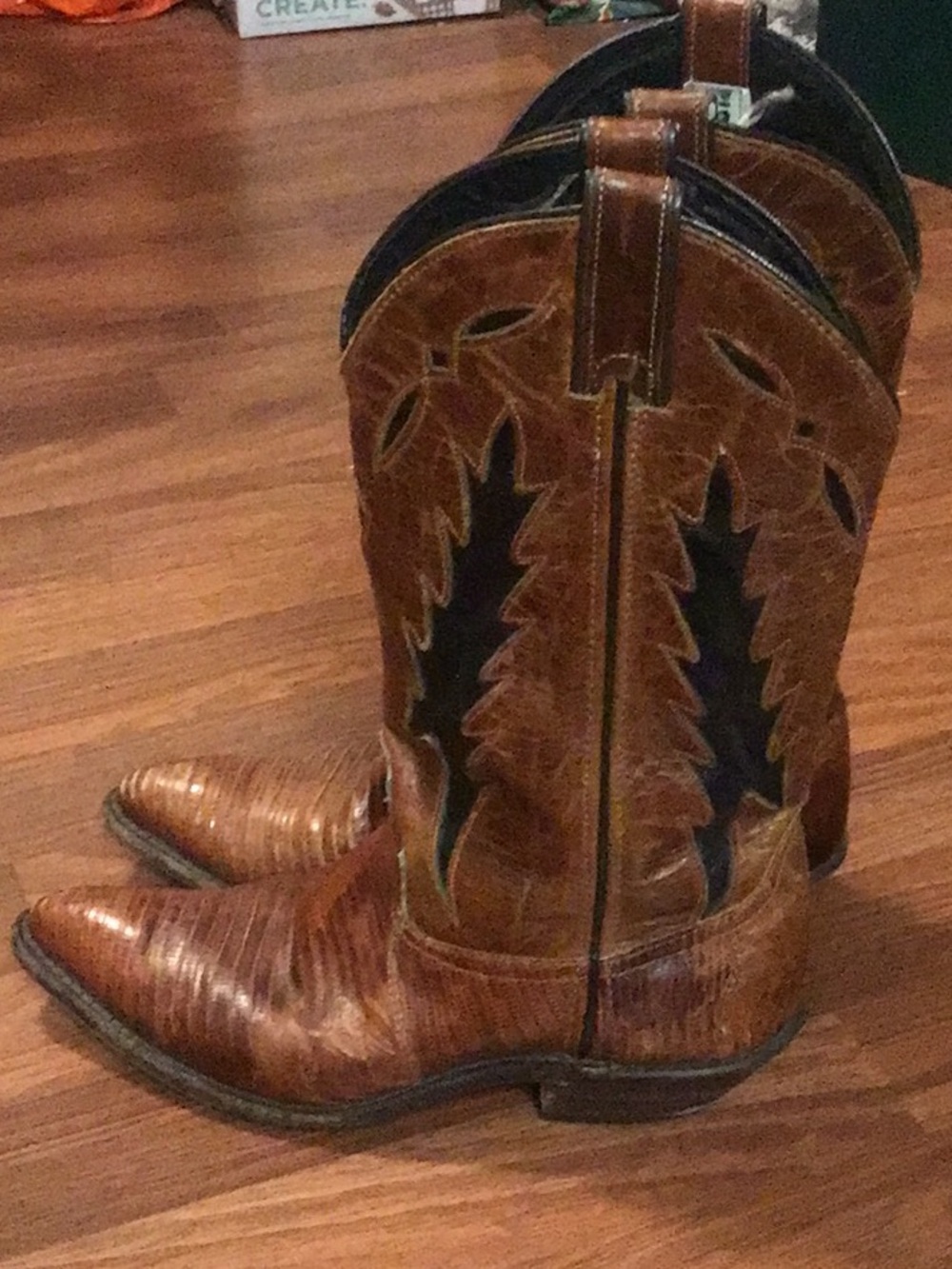 Vintage Brown Leather Western Heeled Boots with Black Accents